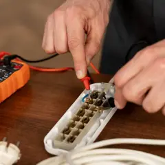 Ręce majsterkowicza mierzą opór elektryczny w przedłużaczu za pomocą pomarańczowego multimetru.