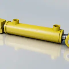 Żółty siłownik hydrauliczny jednostronnego działania z dwoma króćcami.