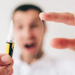 Zastanawiasz się, czym zmyć super glue z rąk? Oto mała nić, która przykleiła się do palca, obok tubki kleju.