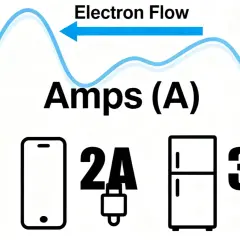 Amper jednostka: 2A dla telefonu, 2A dla ładowarki, 3-6A dla lodówki. Wykres pokazuje przepływ elektronów.