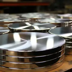 Stos polerowanego aluminium, błyszczące krążki gotowe do dalszej obróbki.