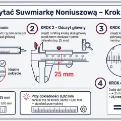 Ilustracja pokazuje, jak mierzyć suwmiarką noniuszową. Krok po kroku wyjaśnia zerowanie, odczyt główny, odczyt noniusza i sumowanie wyników.