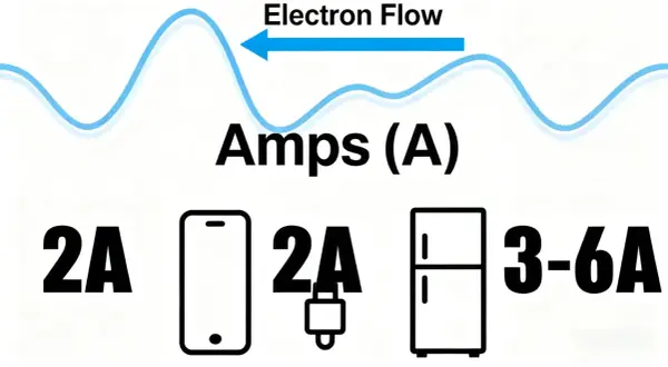 Amper jednostka: 2A dla telefonu, 2A dla ładowarki, 3-6A dla lodówki. Wykres pokazuje przepływ elektronów.