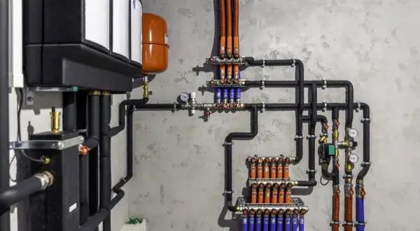 System hydrauliczny z bojlerem, pompą ciepła i rozdzielaczami ogrzewania podłogowego.