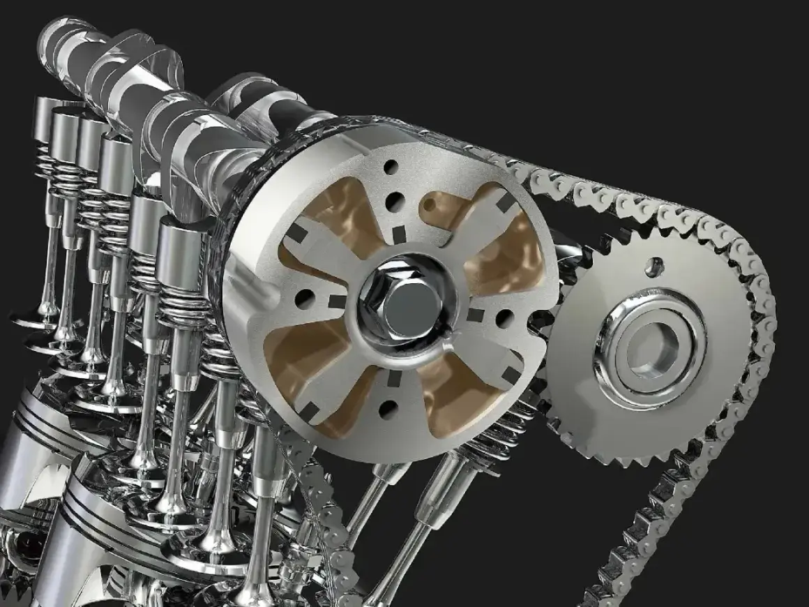 Mechanizm rozrządu silnika z widocznymi zaworami i wałkiem. Niewłaściwa regulacja zaworów objawy mogą być poważne.