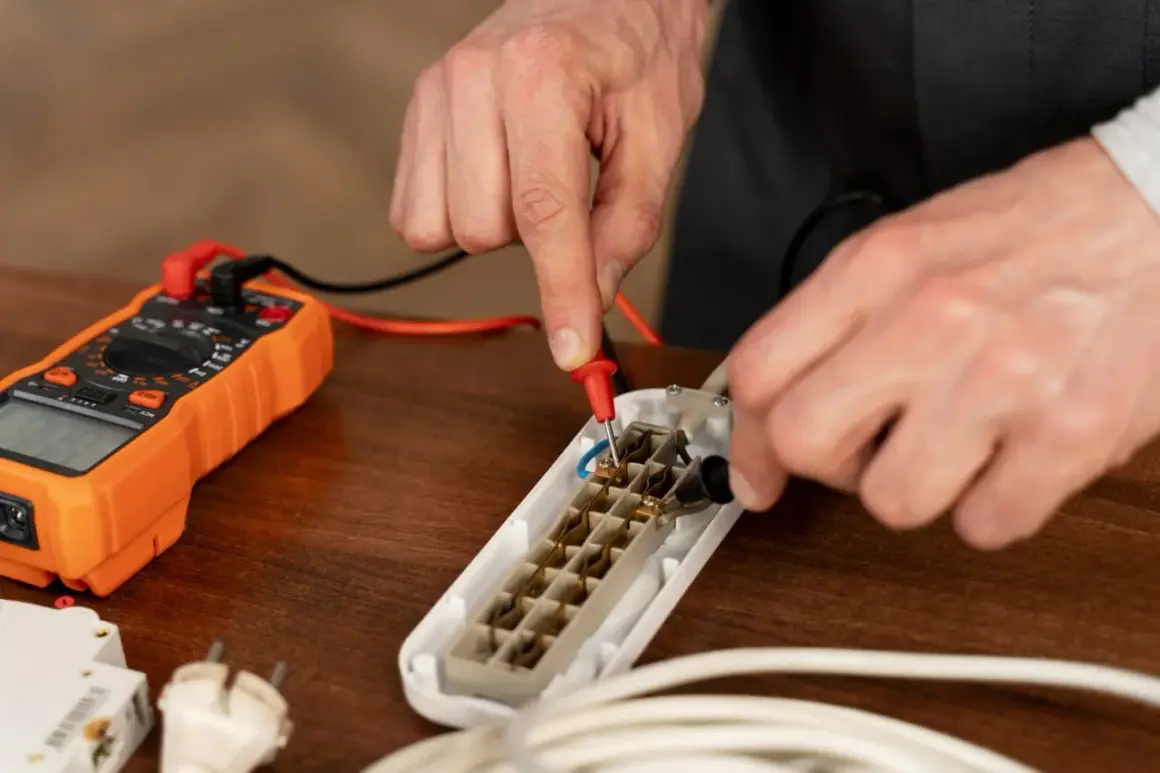 Ręce majsterkowicza mierzą opór elektryczny w przedłużaczu za pomocą pomarańczowego multimetru.