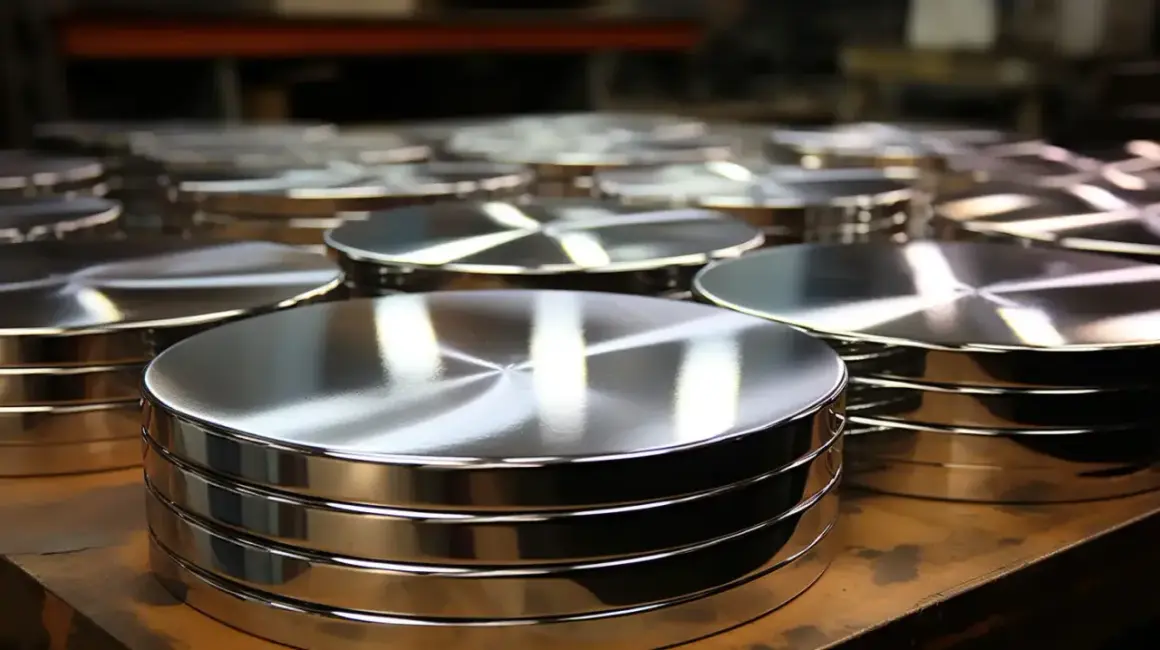 Stos polerowanego aluminium, błyszczące krążki gotowe do dalszej obróbki.