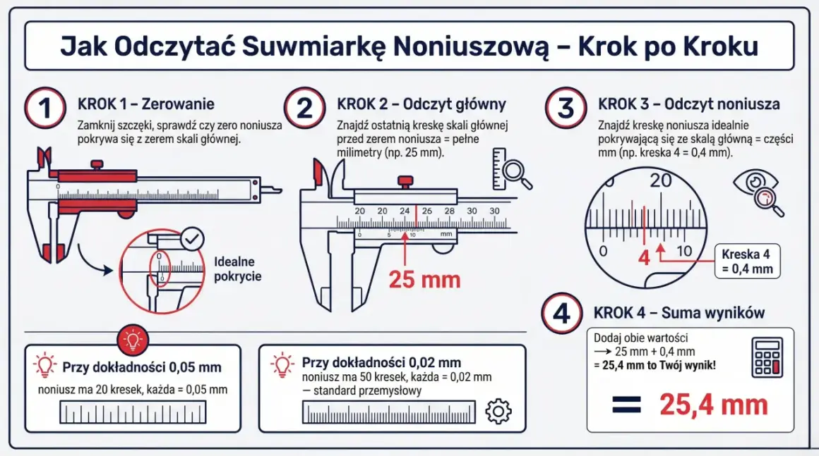 Ilustracja pokazuje, jak mierzyć suwmiarką noniuszową. Krok po kroku wyjaśnia zerowanie, odczyt główny, odczyt noniusza i sumowanie wyników.