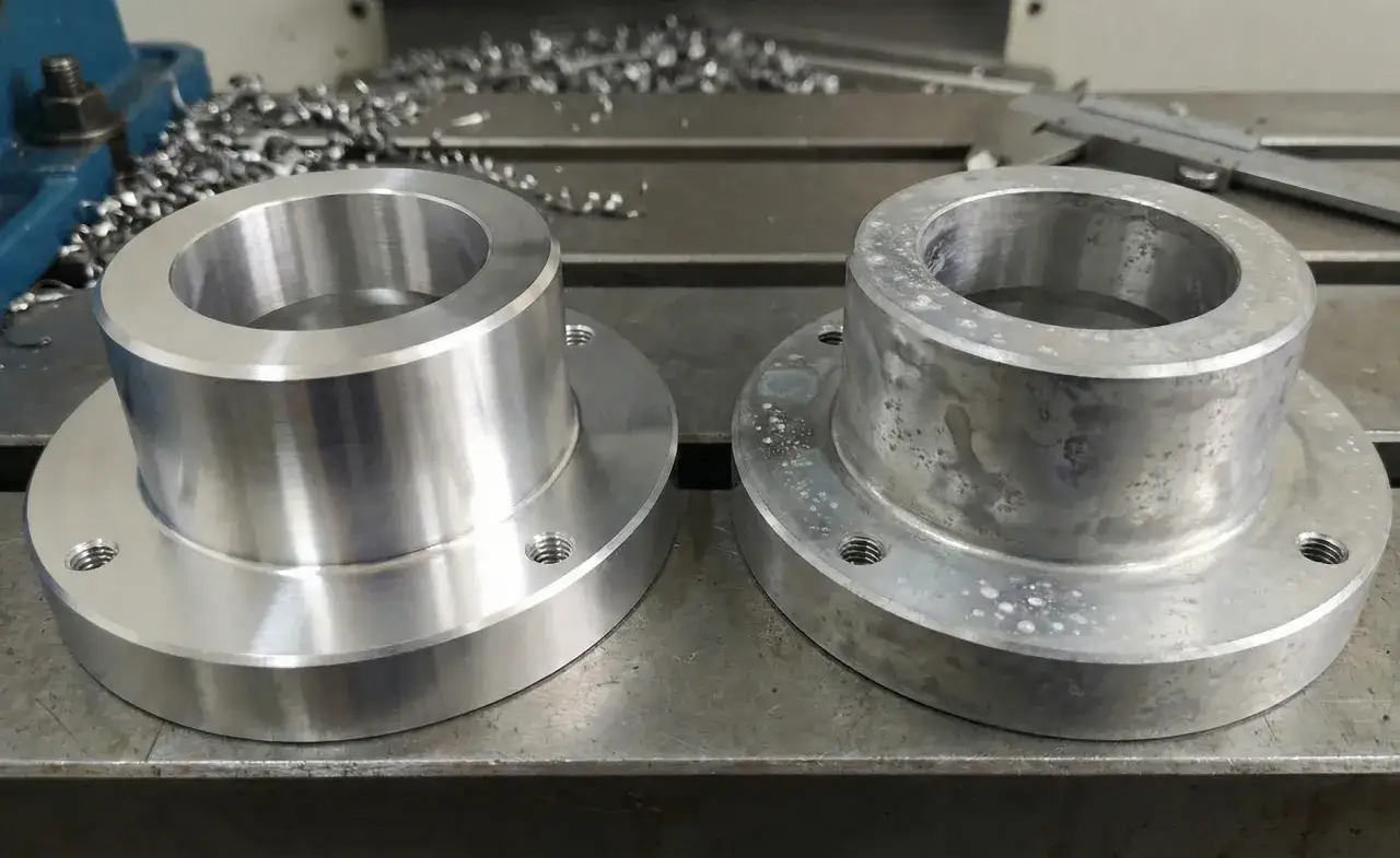Dwa kołnierze aluminiowe: jeden lśniący po frezowaniu, drugi z nalotem.