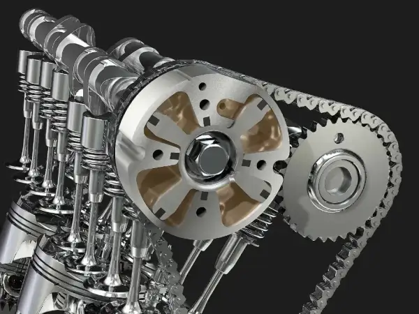 Mechanizm rozrządu silnika z widocznymi zaworami i wałkiem. Niewłaściwa regulacja zaworów objawy mogą być poważne.