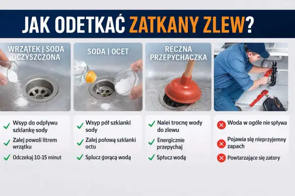 Jak odetkać zlew? Poradnik: soda z wrzątkiem, soda z octem, przepychaczka. Gdy woda nie spływa, użyj przepychaczki.
