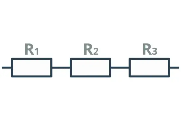 Schemat obwodu elektrycznego z trzema rezystorami R1, R2, R3 połączonymi szeregowo.