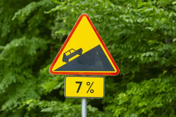 Znak ostrzegawczy: strome zbocze, nachylenie 7%. Jak elektroda dodatnia, która kieruje prąd w górę, tak i ten znak ostrzega przed stromym podjazdem.