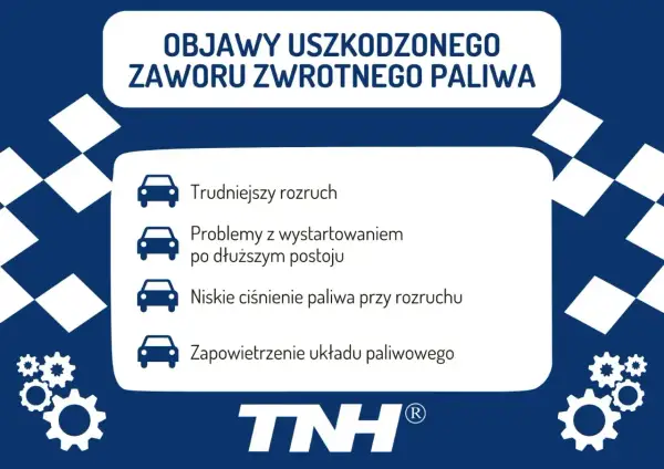 Objawy uszkodzonego zaworu zwrotnego paliwa: trudniejszy rozruch, problemy z odpalaniem po postoju, niskie ciśnienie paliwa.