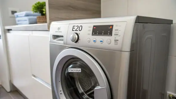 Pralka Electrolux z wyświetlonym błędem E20. Na blacie obok stoją złożone ręczniki i roślina.