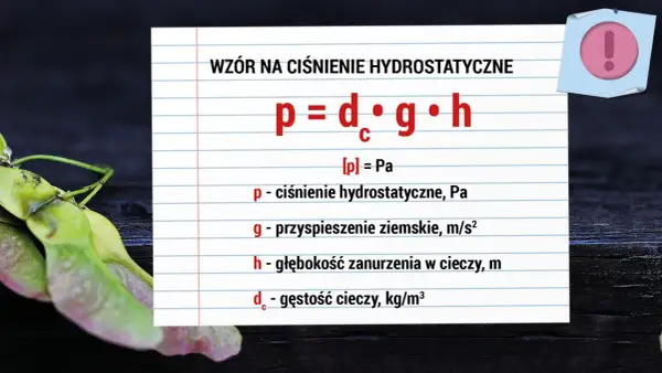 Wzór na ciśnienie hydrostatyczne: p = d_c * g * h. Opisuje zależność ciśnienia od gęstości cieczy, przyspieszenia ziemskiego i głębokości.