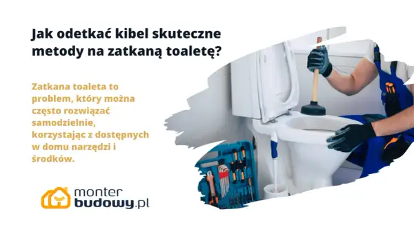 Zatkany kibel na amen? Hydraulik z przepychaczem walczy z problemem. Obok skrzynka z narzędziami.